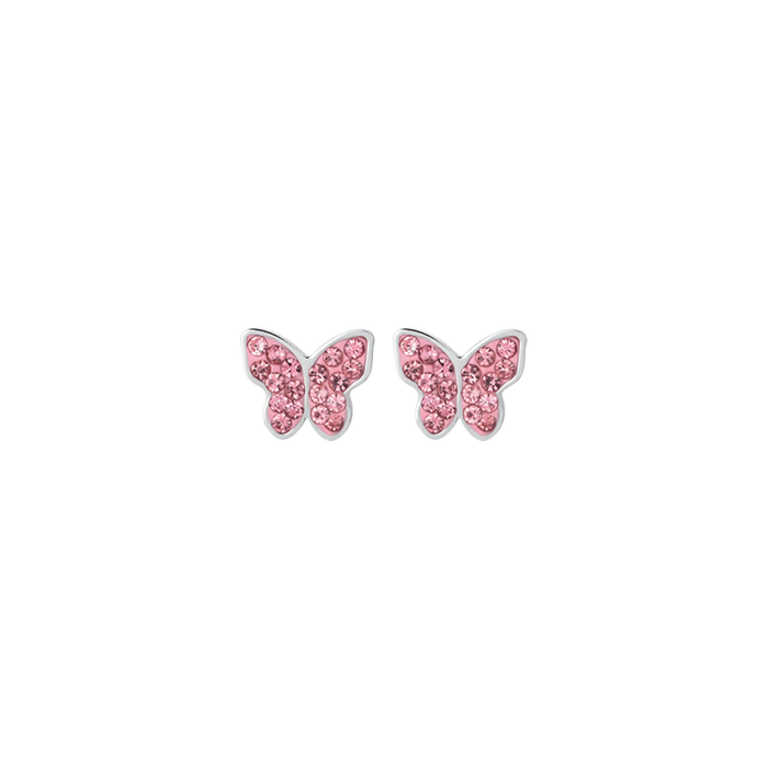 CHILDREN'S STEEL EARRINGS WITH BUTTERFLY AND PINK CRYSTALS