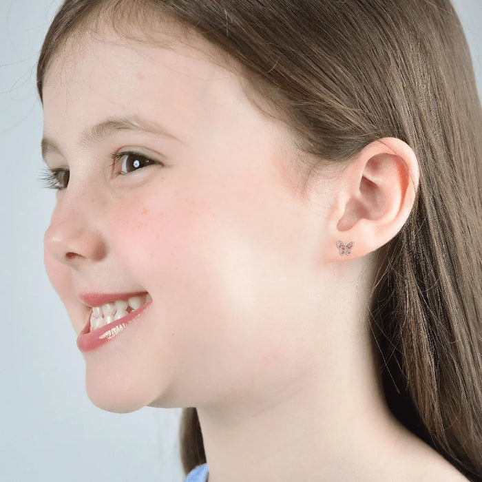 CHILDREN'S STEEL EARRINGS WITH BUTTERFLY AND PINK CRYSTALS