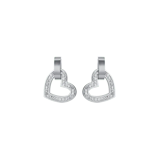 BOUCLES D'OREILLES EN ACIER POUR FEMME AVEC COEURS, CRISTAUX BLANCS ET ÉLÉMENTS