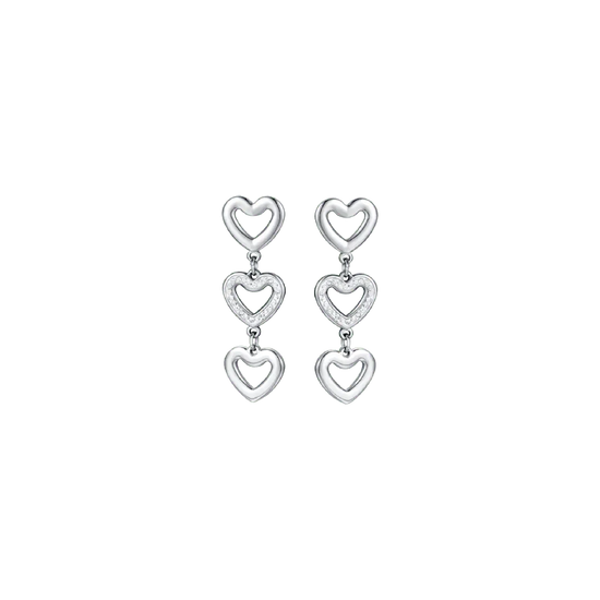 BOUCLES D'OREILLES PENDANTES EN ACIER POUR FEMME AVEC COEURS PERCÉS ET CRISTAUX BLANCS