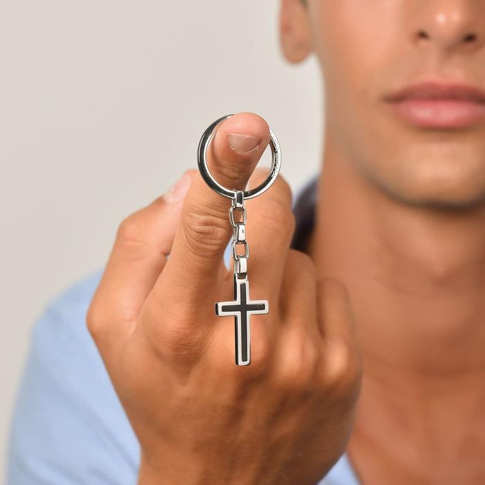MEN'S KEY RING IN STEEL WITH BLACK CROSS