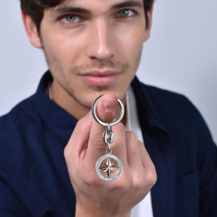 MEN'S STEEL KEY RING WITH IP ROSE WIND ROSE