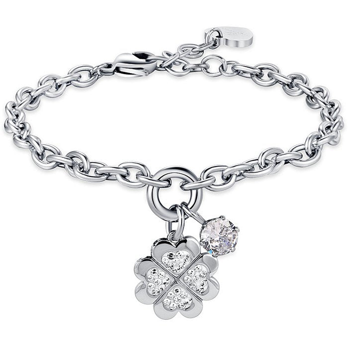 WOMEN'S STEEL BRACELET WITH FOUR-LEAF CLOVER WITH WHITE CRYSTALS