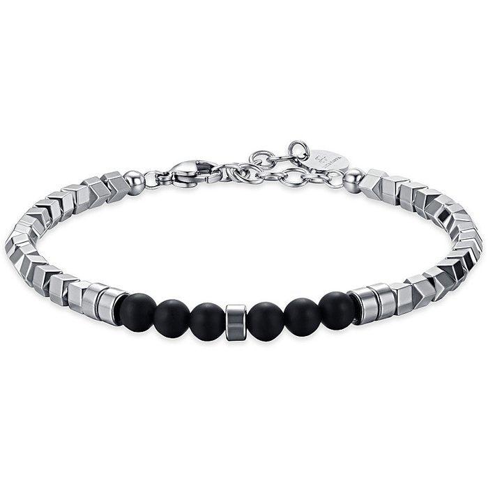 STEEL BRACELET WITH SILVER HEMATITE AND BLACK STONES