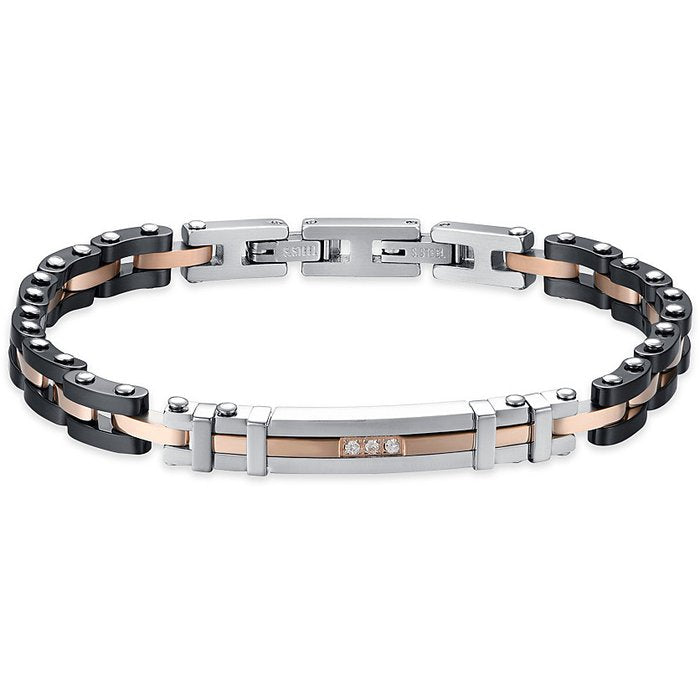 BRACCIALE UOMO IN ACCIAIO IP ROSE E CERAMICA NERA CON ELEMENTI IN ACCIAIO