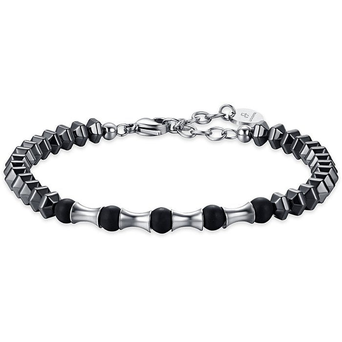 BRACCIALE UOMO IN ACCIAIO CON EMATITE IP GRIGIO PIETRE NERE ED ELEMENTI IN ACC