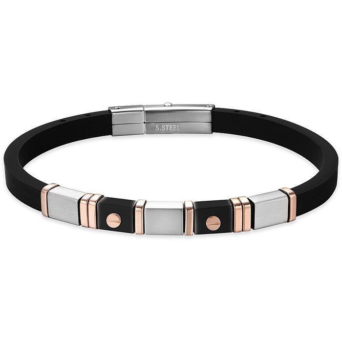 MEN'S BRACELET IN BLACK SILICONE WITH STEEL ELEMENTS BLACK IP STEEL AND IPROSE