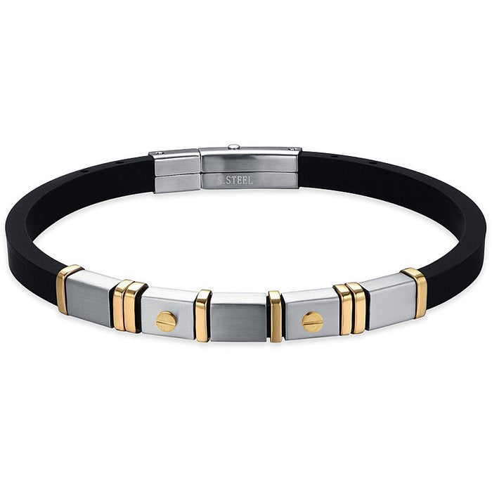 MEN'S BRACELET IN BLACK SILICONE WITH STEEL AND IP GOLD ELEMENTS