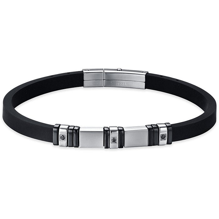 MEN'S BRACELET IN BLACK SILICONE WITH STEEL ELEMENTS AND BLACK IP WITH CRYSTALS
