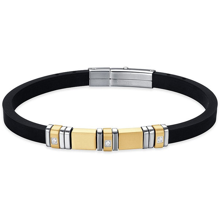 BRACCIALE UOMO IN SILICONE NERO CON ELEMENTI IN ACCIAIO E ACCIAIO IP ROSE