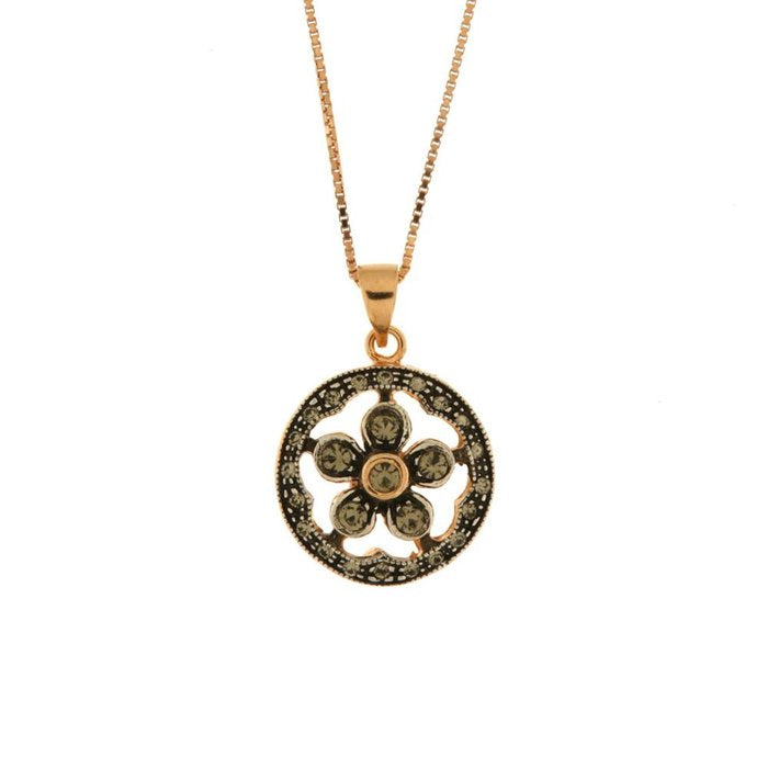 Collier en argent 925 en forme de fleur de style antique avec cristaux fumés