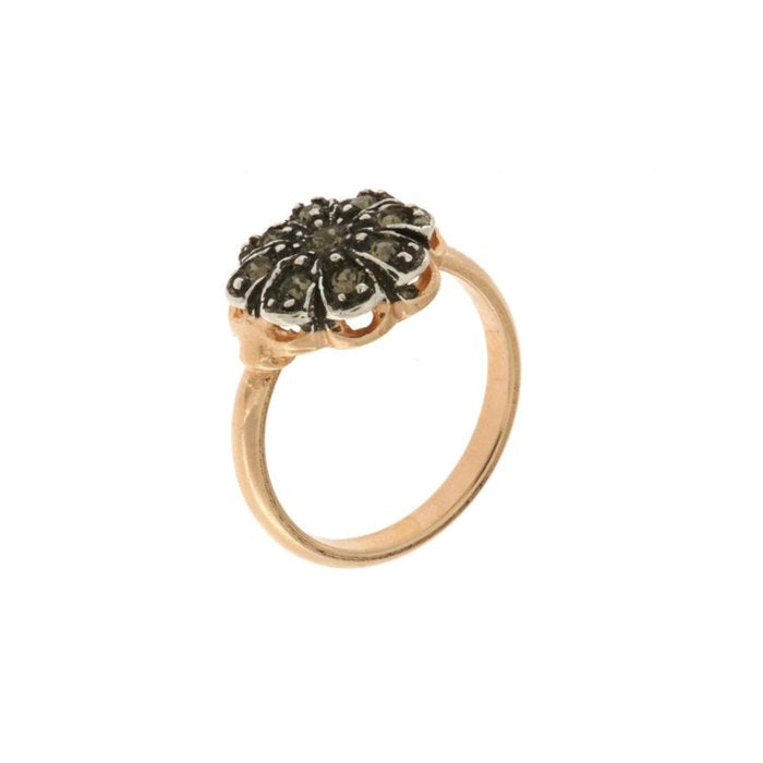 Bague en argent 925 en forme de fleur de style antique avec cristaux fumés et blancs