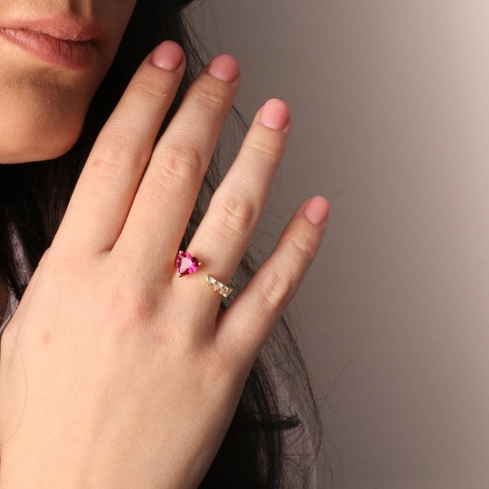 925 Silver Ring with Red Ruby and White Zircon Hearts