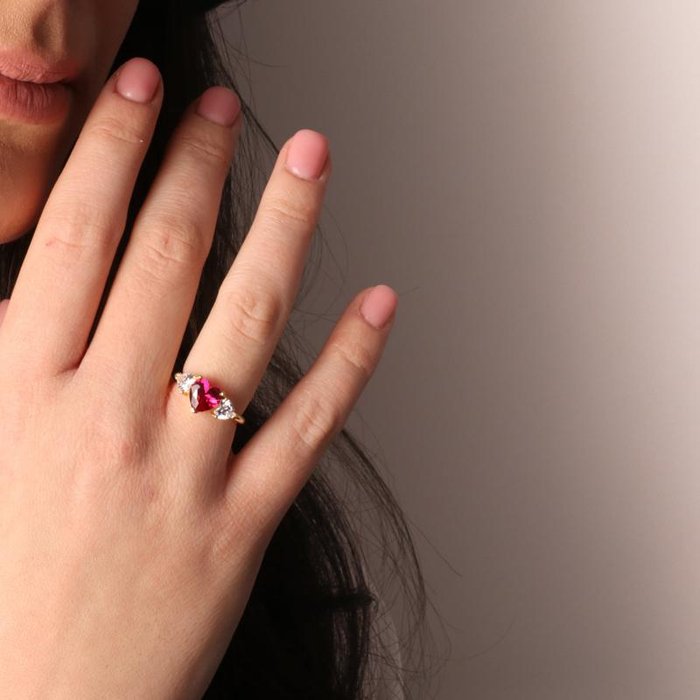 925 Silver Ring with White and Red Zircon Hearts