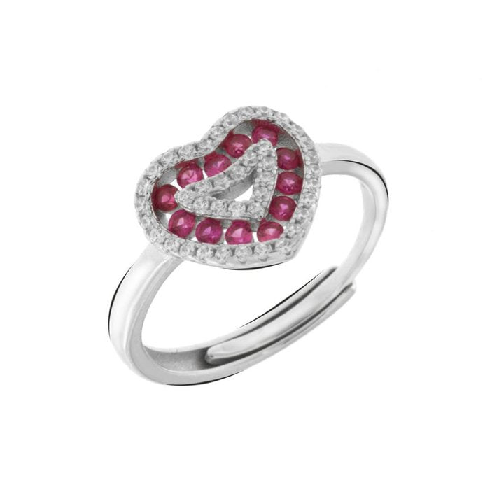 925 Silver Ring with Heart Embellished with Red and Transparent Zirconia
