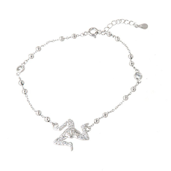 925 Silver Bracelet with Sicilian Trinacria Pendant, Embellished with White Zircons
