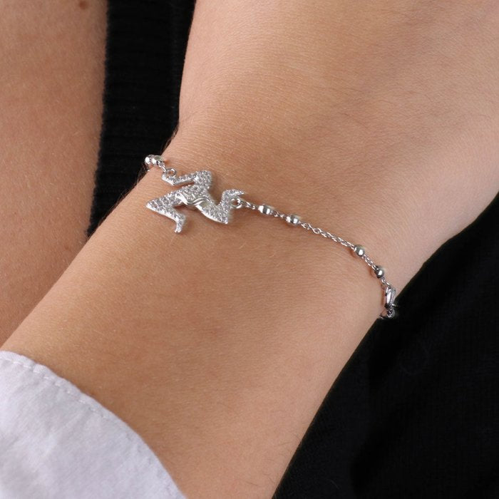 925 Silver Bracelet with Sicilian Trinacria Pendant, Embellished with White Zircons