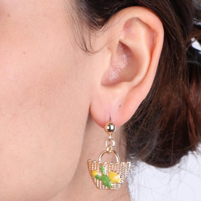 Metal earrings with hanging basket, prickly pear and Sicilian lemons