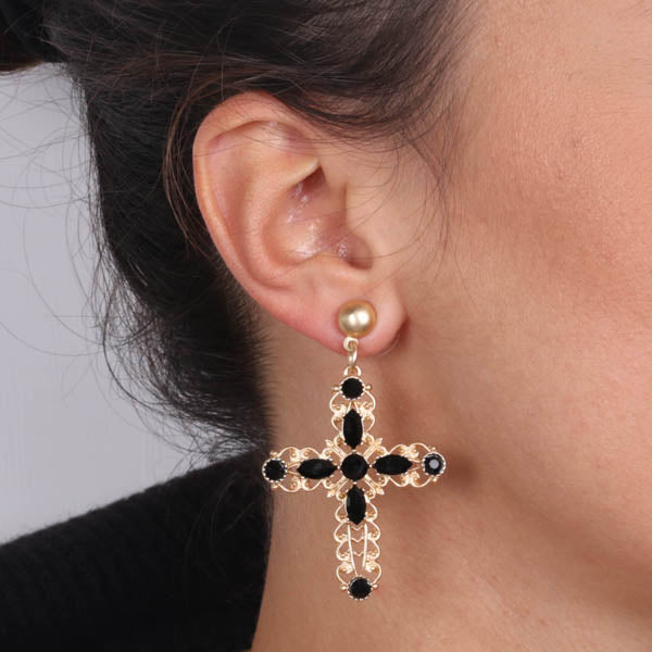 Metal pendant earrings with cross symbol embellished with black enamel