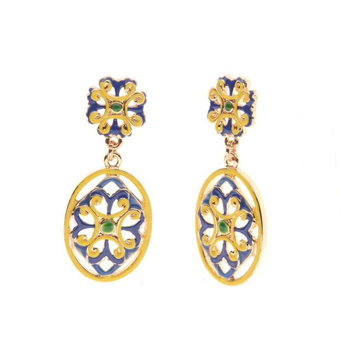 Boucles d'oreilles en métal avec fleurs en majolique émaillées bleues et jaunes