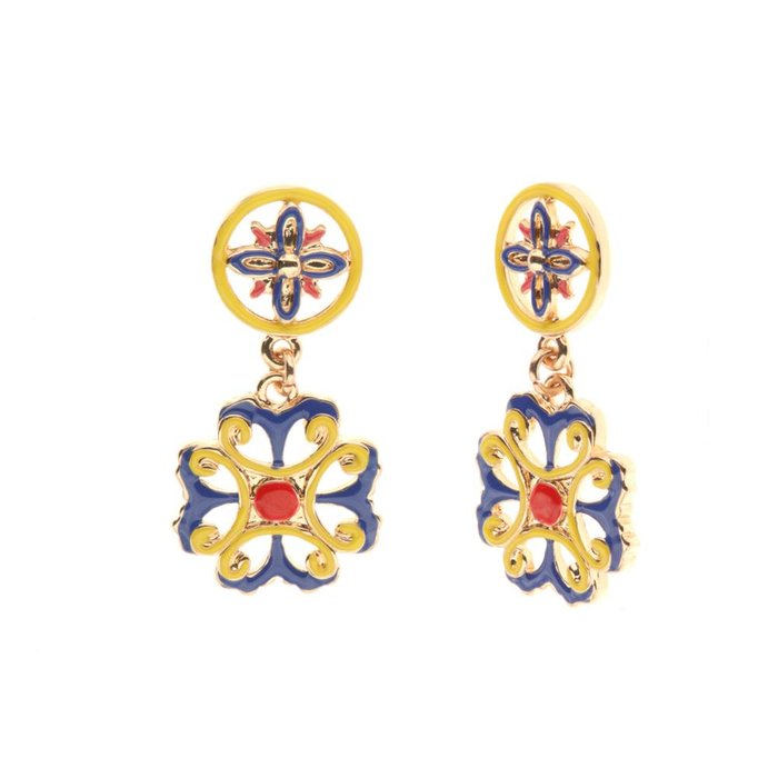 Boucles d'oreilles en métal avec fleurs en majolique émaillées bleues, jaunes et rouges