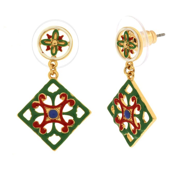 Metal earrings with colored majolica pendant