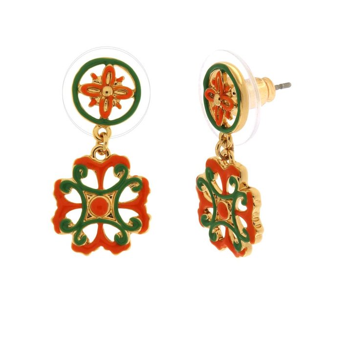 Metal earrings with colored majolica pendant
