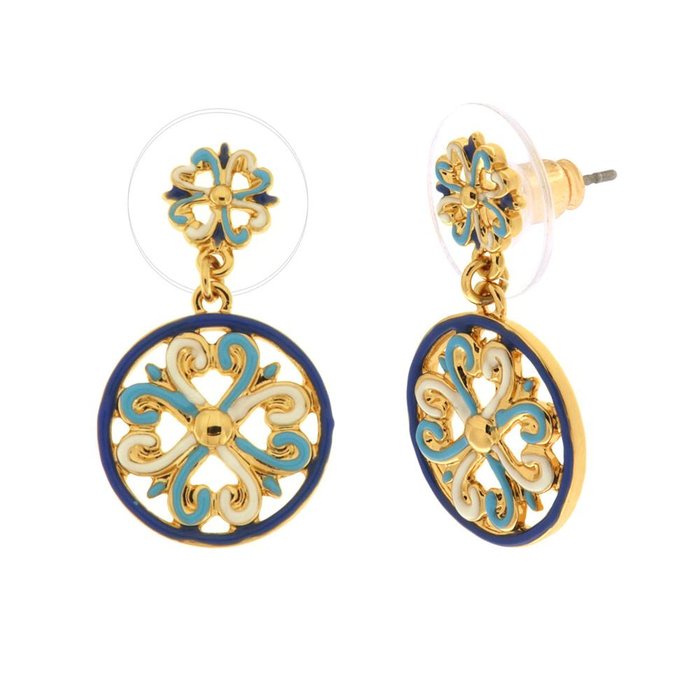 Metal earrings with colored majolica pendant