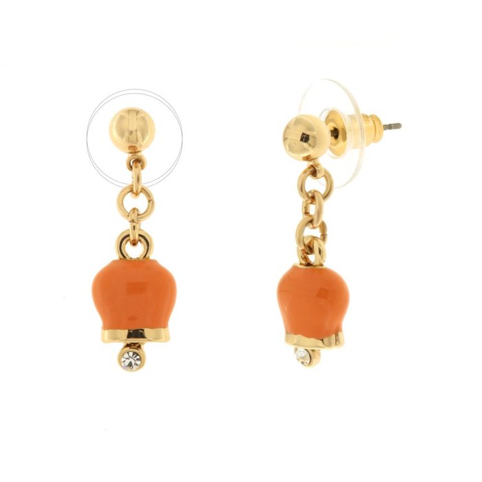 Metal earrings with orange enamel bell pendant