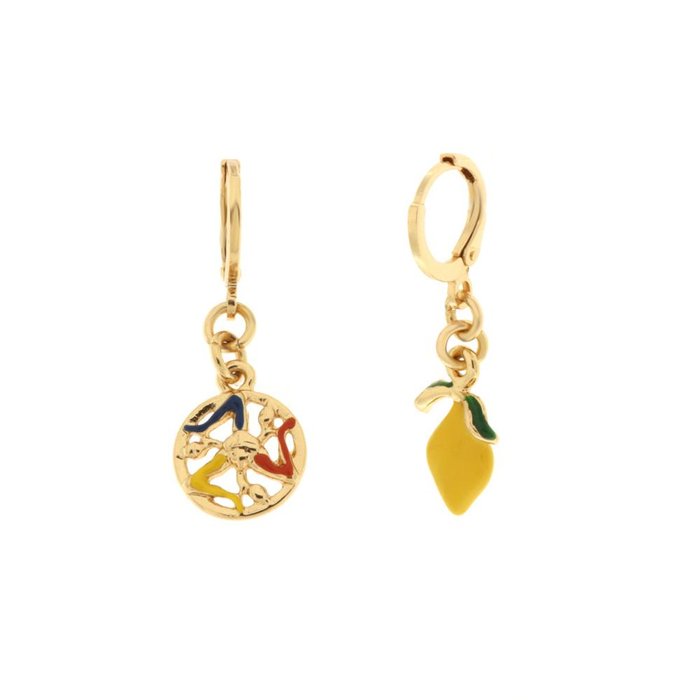 Metal earrings with trinacria and lemon