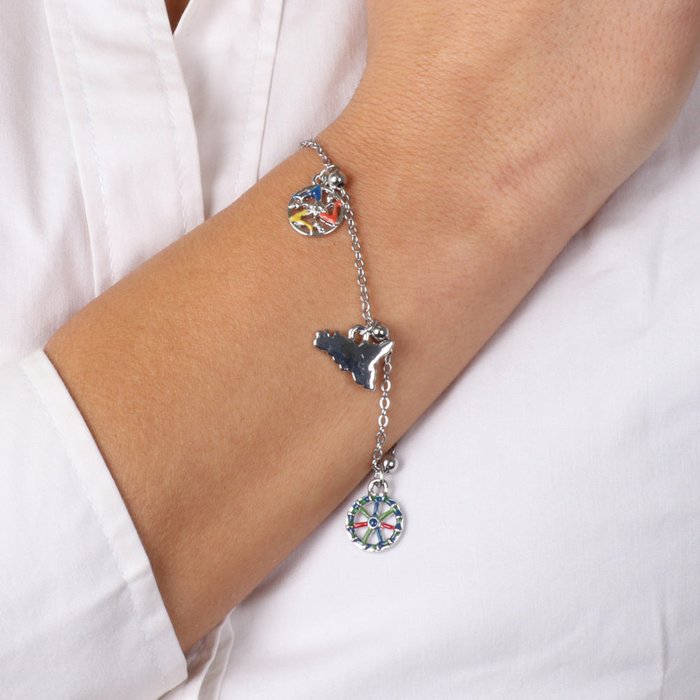 Cavigliera in Metallo con charms Sicilia e ruota carretto, impreziositi da smalti colorati