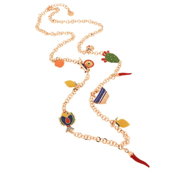Collier en métal avec breloques siciliennes, chariot, panier, figue de Barbarie, corne porte-bonheur