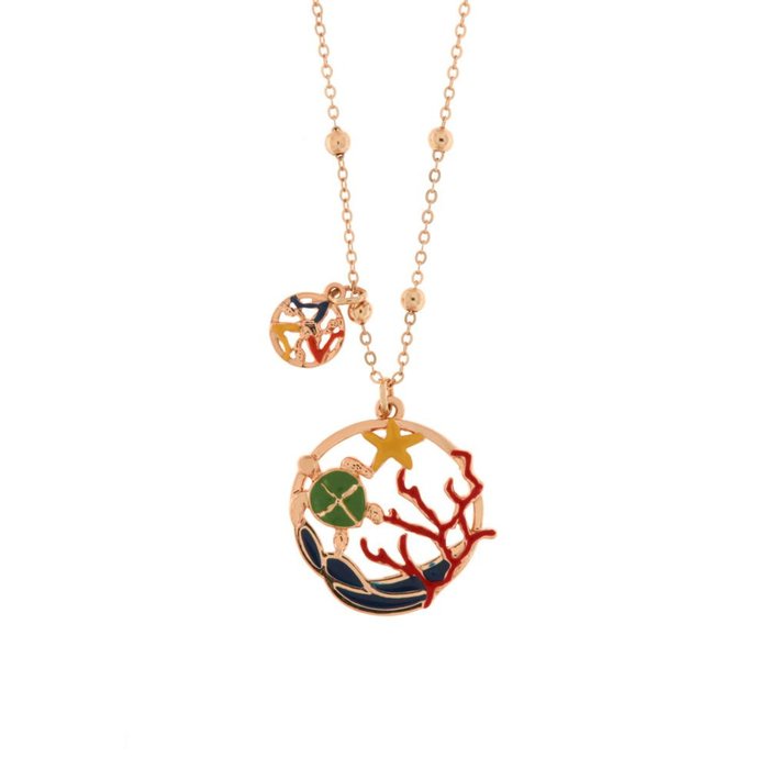 Metal necklace with pendant in marine style design, embellished with colored enamels and Sicilian trinacria