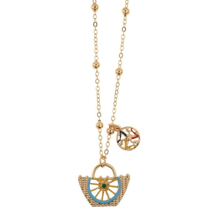 Collier en métal avec nid de pie et symbole Trinacria orné d'émaux colorés