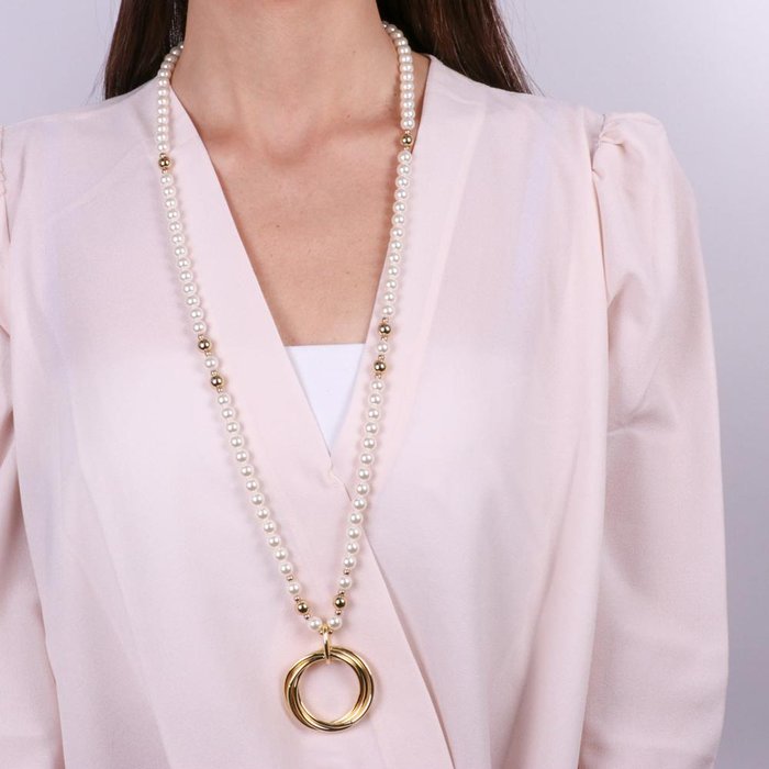 Collana in Metallo con perle e ciondolo centrale intrecciato oro