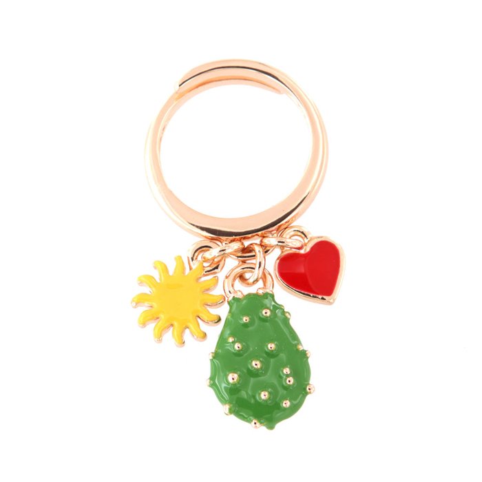 Metal ring with prickly pear, sun and heart charms, embellished with colored enamels