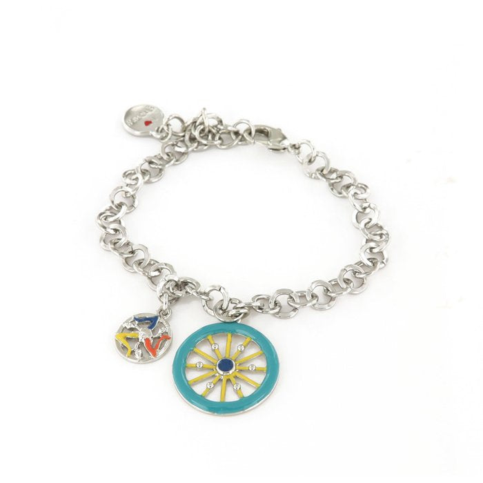 Bracciale in Metallo maglia rolò, con ruota carretto siciliano pendente impreziosita da smalti colorati