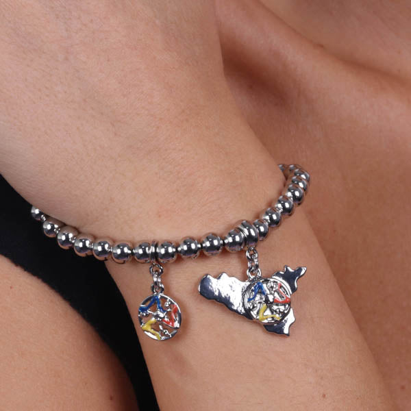 Metal bracelet with sphere mesh and pendant charms of the Sicily symbol with trinacria, embellished with colored enamels