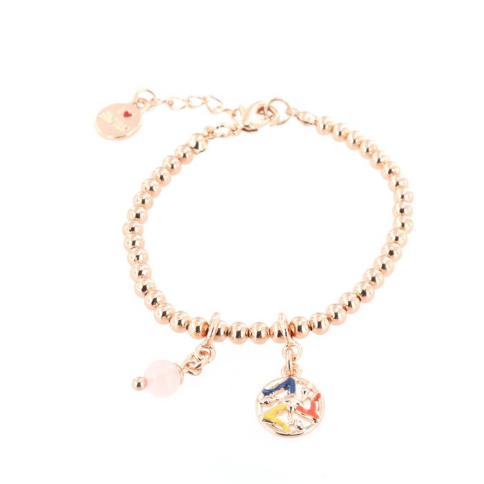 Bracelet in metal mesh with small spheres, with trinacria embellished with enamels and pink pearl, pendants