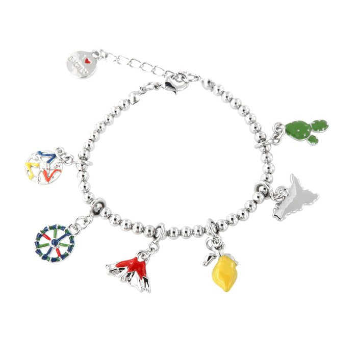 Bracciale in Metallo con charm siciliani, vulcano Etna, fico d'india e limone