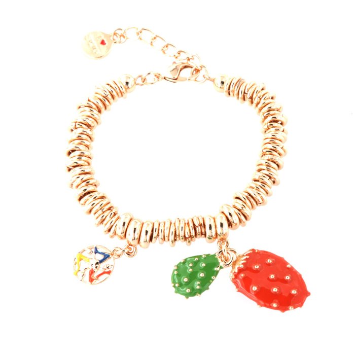 Metal bracelet with ring mesh and prickly pear pendants, embellished with colored enamels