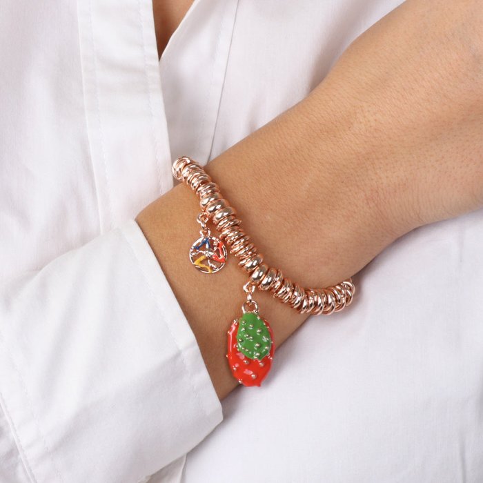 Metal bracelet with ring mesh and prickly pear pendants, embellished with colored enamels