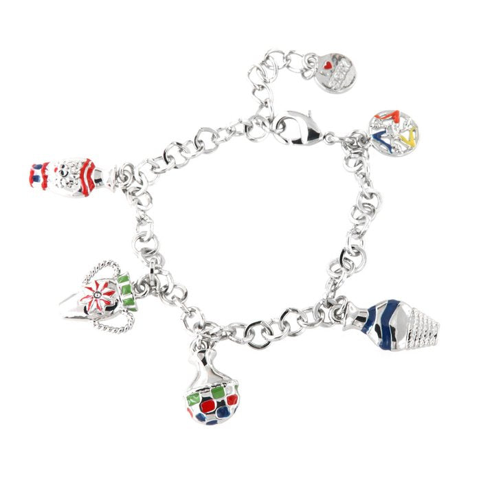 Metal bracelet with rolo mesh, multi-pendant, with hanging amphorae, embellished with colored enamels