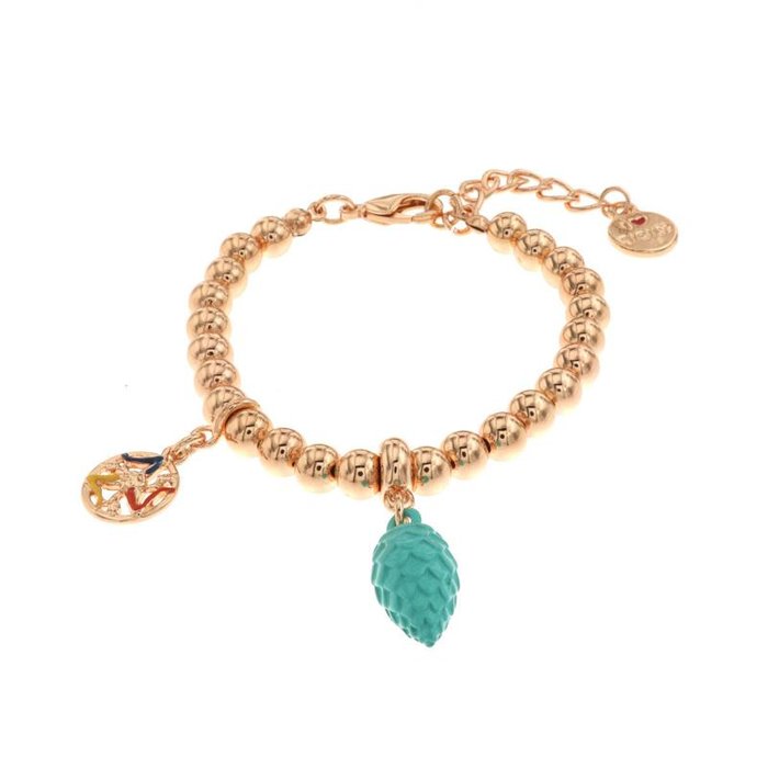 Bracciale in Metallo maglia a sfere, con pigna portafortuna siciliana color turchese e simbolo tre gambe della trinacria con smalti colorati