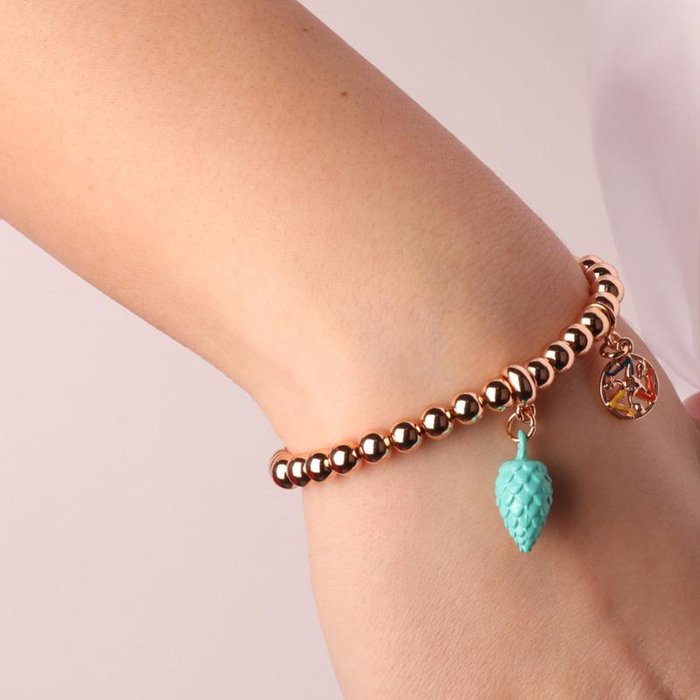 Bracciale in Metallo maglia a sfere, con pigna portafortuna siciliana color turchese e simbolo tre gambe della trinacria con smalti colorati