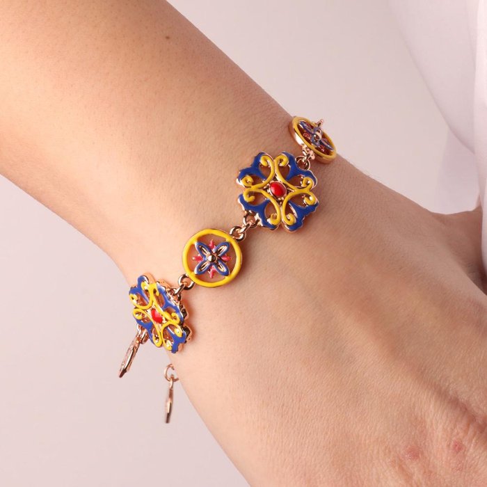 Metal Bracelet with Sicilian Majolica and Colored Enamels