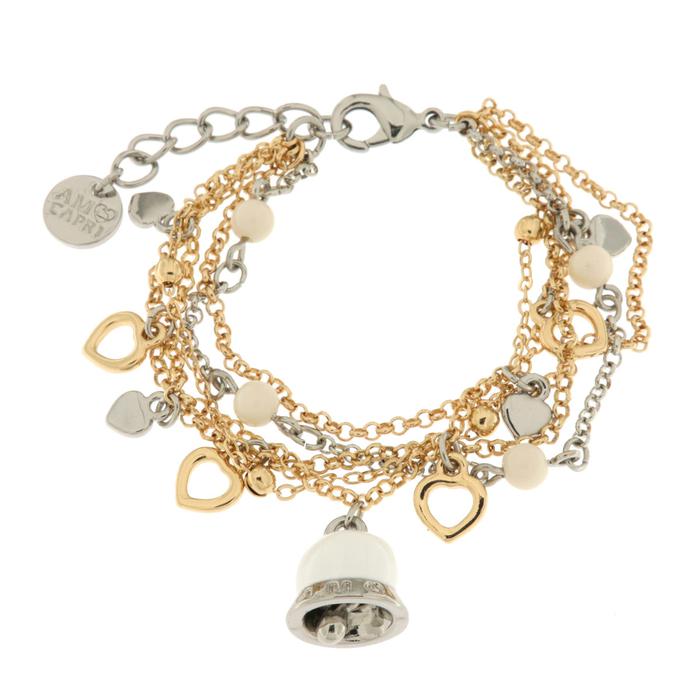 Metal bracelet with heart-shaped charms and white enamel bell