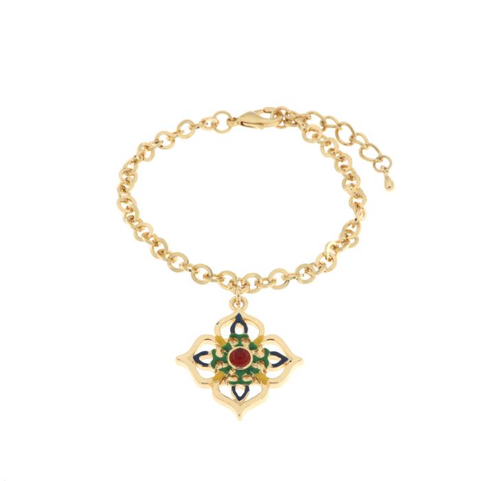 Metal bracelet with pendant cross embellished with majolica