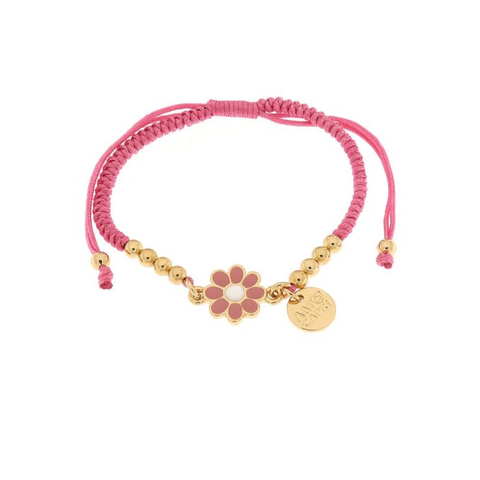 Bracelet en métal avec cordon rose et sphères marguerites