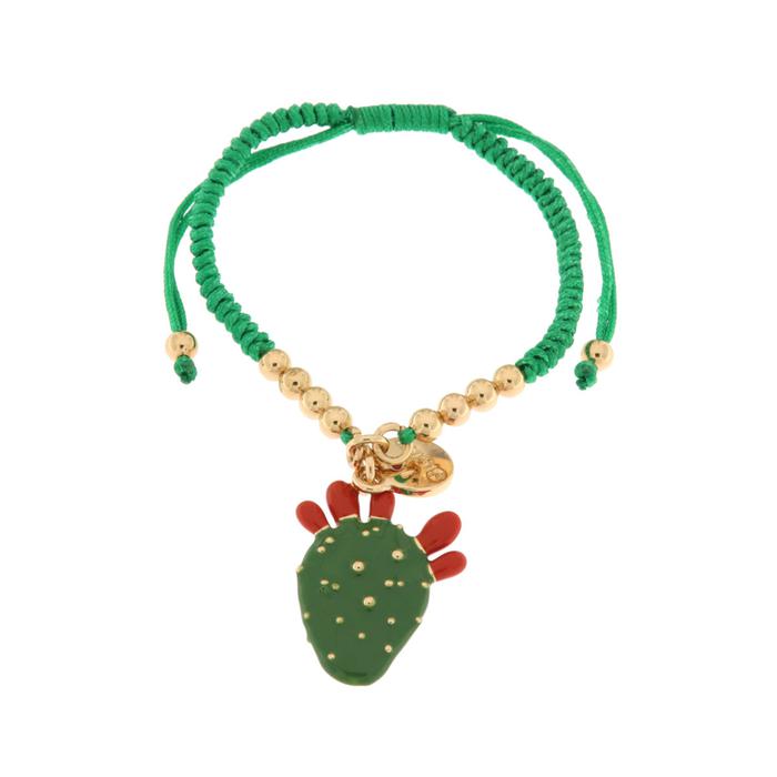 Metal Bracelet with Cactus and Green Cord
